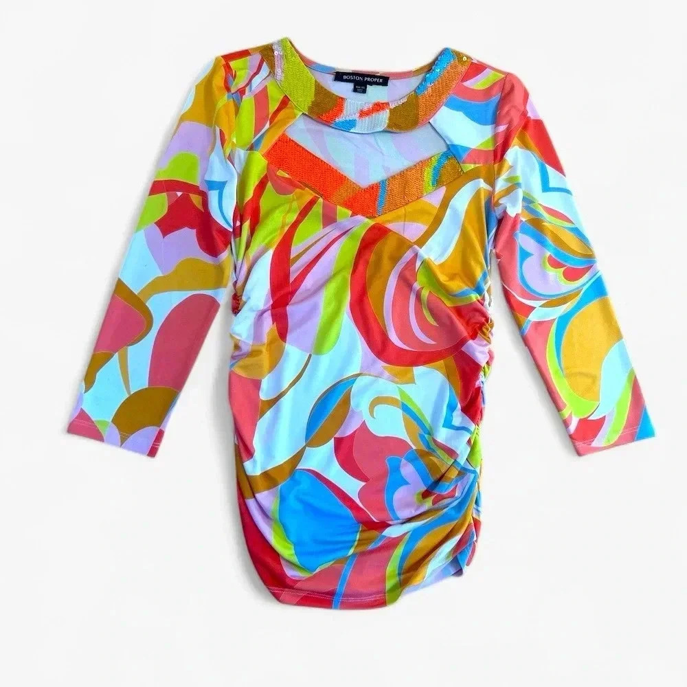 Boston Proper Retro Vibe Ruched Sequin Neckline Blouse size XS